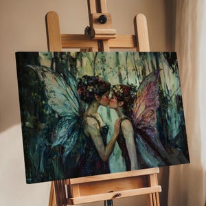 Fairy Lovers Art Print – Romantic Fantasy LGBTQ+ Wall Art – Whimsical Forest Fairies Illustration – Enchanted Kiss Painting Decor wlw art
