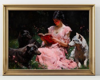 Girl Reading with Wolves Art Print, Dark Romantic Forest Painting, Fantasy Wall Decor