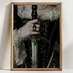 Victorian decor Sword Print Art moody Painting, Woman with Sword Print, victorian decor wall art, dark moody antique art Print, Gothic decor