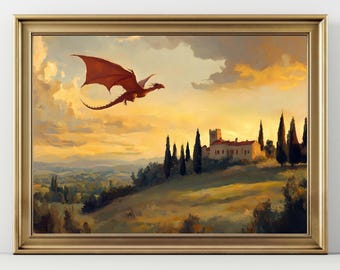 May include: A framed painting depicts a red dragon soaring over a Tuscan landscape at sunset. The artwork features a castle, rolling hills, and tall trees, all bathed in warm, golden light. The painting is set in a gold frame.