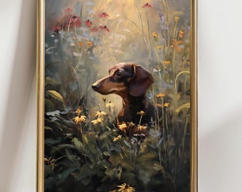 Dachshund Wall Art Dog in Wildflower Meadow Painting, Rustic Farmhouse Animal Art Print, Floral Nature Decor, Sausage Dog Lover Gift