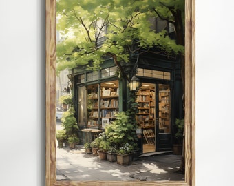May include: A green shopfront with a large window displaying bookshelves filled with books. The shopfront is surrounded by lush green plants and trees. The door is open, revealing more bookshelves inside.