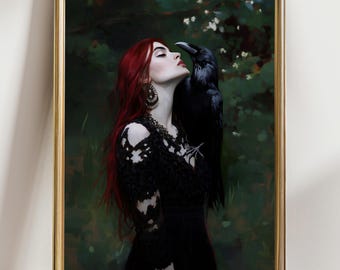 Red Hair Woman Raven Print, Dark Gothic Botanical Wall Art, Witch with Crow Poster, Moody Dark Academia Decor, Gothic Fantasy Art Print