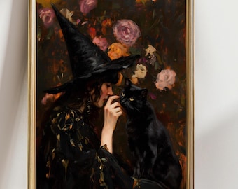 Witch and Black Cat Wall Art, Gothic Witch Painting, Dark Cottagecore Witchy Decor, Halloween Aesthetic Print