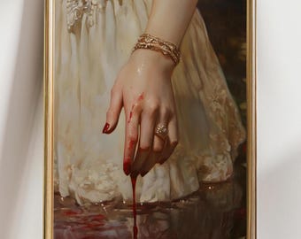 May include: A woman's hand with a gold ring drips blood into a pool of water. The hand is wearing several gold bracelets and is partially obscured by a white lace dress.