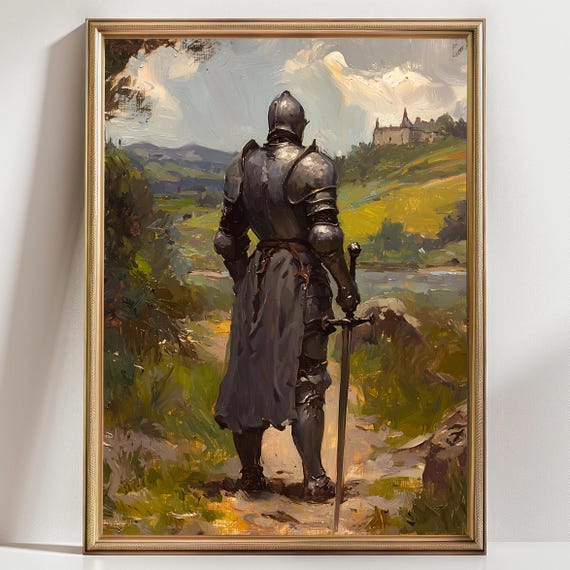 Medieval Knight Wall Art – Warrior in Armor with Sword, Fantasy Castle Landscape Painting, Chivalry Gothic Home Decor Print