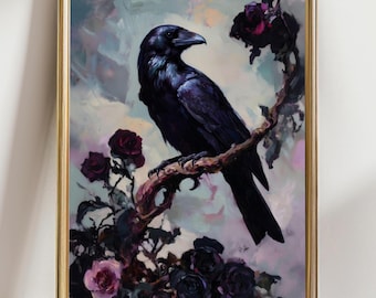 Raven Rose Wall Art, Dark Floral Gothic Bird Painting