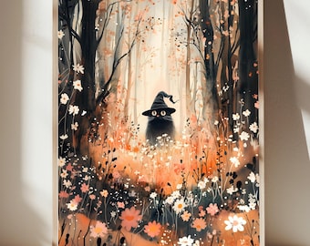 May include: A black cat wearing a witch's hat stands in a forest clearing. The cat is surrounded by orange and white flowers. The background is a watercolor painting of a forest with trees and leaves.