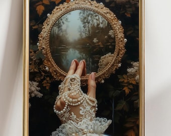 Mirror Witch Wall Art Victorian Art Poster Print, Witchy Decor, Dark Gothic Oil Painting, Dark Academia Goth Decor painting