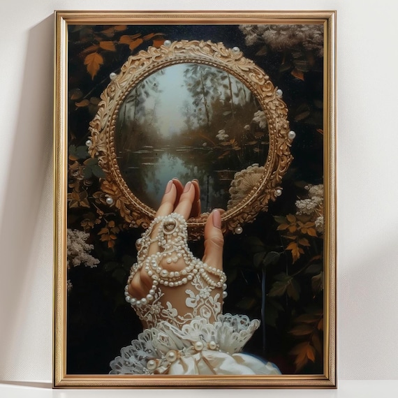 Mirror Witch Wall Art Victorian Art Poster Print, Witchy Decor, Dark Gothic Oil Painting, Dark Academia Goth Decor painting