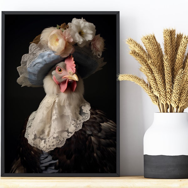 Victorian Chicken Matte Vertical Print Dark Art Poster Print, Cottagecore Home Decor, Victorian Decoration Dark Academia Renaissance Hen Art