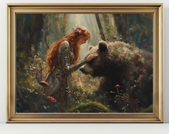 Fantasy Woman Bear Forest Print, Redhead Fairy Tale Wall Art, Mystical Nature Decor, Enchanted Forest Poster