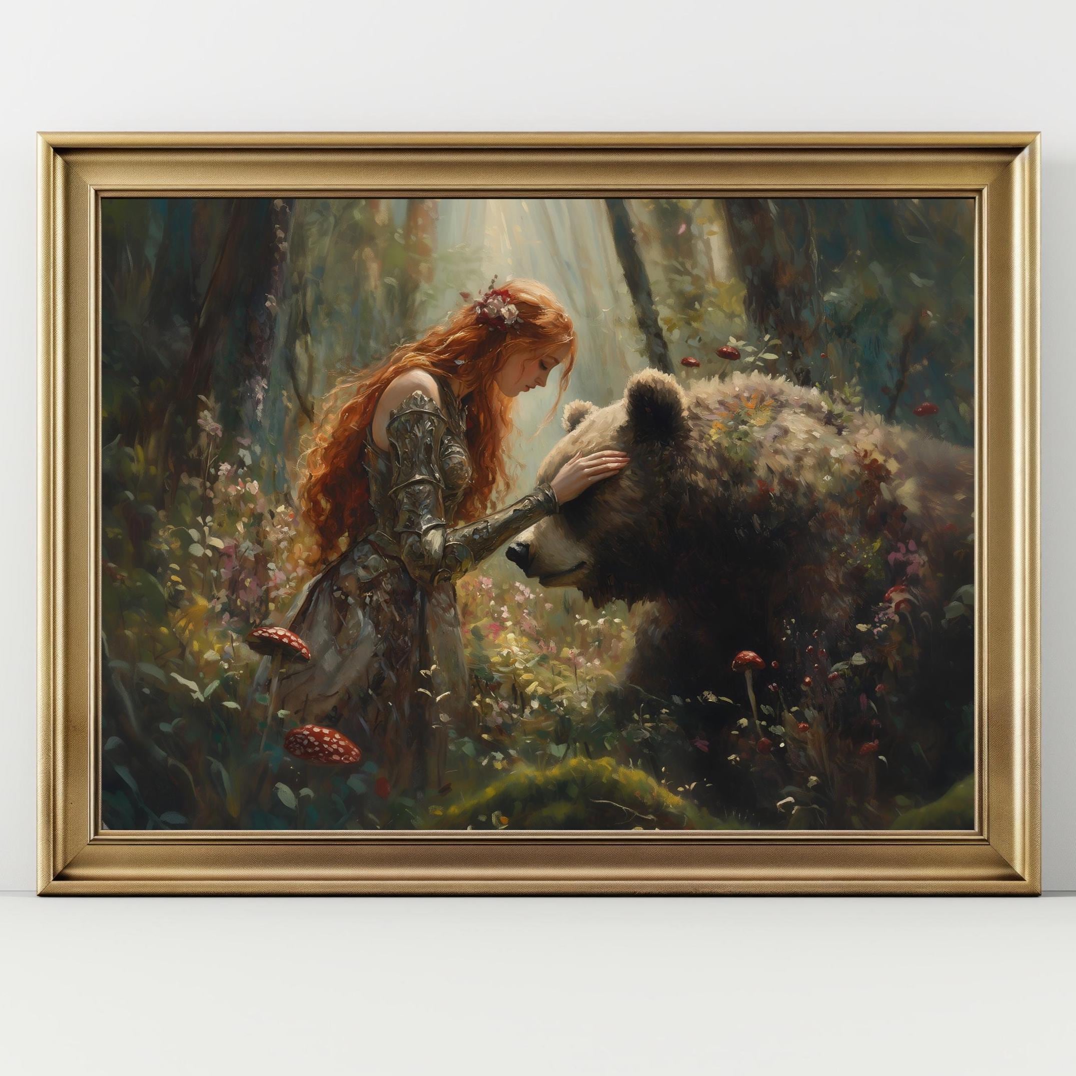 Fantasy Woman and Bear Art Print Forest Guardian Wall Decor