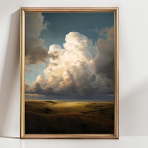 Majestic Storm Cloud Landscape Art – Dramatic Prairie Sky Wall Art Print, Golden Field Nature Painting, Moody Cloudscape Decor