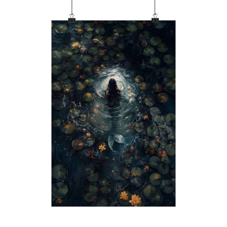 Mermaid Dark Academia Print - The Lake, Goth Moody Victorian Wall Art, Dark Decor Aesthetic, Dark Cottagecore, Gothic Prints into lake image 7