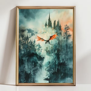 Forest Dragon Watercolor Art  Vertical Poster Print fantasy art forest and a dragon Fantasy Painting, Watercolor illustration Dark Academia