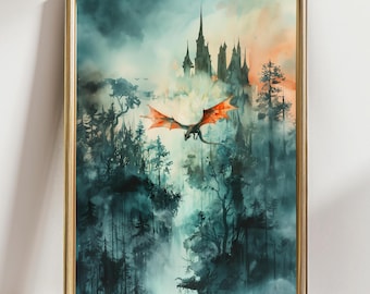 Forest Dragon Watercolor Art  Vertical Poster Print Fantasy Art Forest and a Dragon Fantasy Painting, Watercolor Illustration Dark Academia