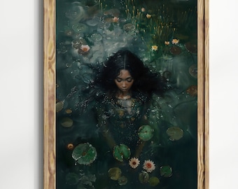 Woman Water Lily Print, Dark Moody Botanical Wall Art, Mystical Pond Goddess Poster, Dark Academia Green Decor, Fantasy Woman Art Print