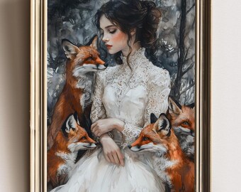 Victorian Woman Red Fox Watercolor Print, Dark Cottagecore Feminine Wall Art, Witchy Animal Forest Decor, Fox Lover Poster