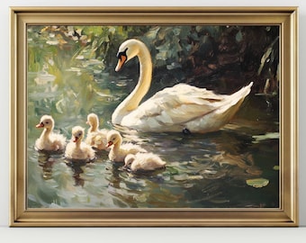 Swan and Cygnets Art Print – Peaceful Pond Animal Wall Decor, Mother Swan Painting, Nature Nursery Artwork, Wildlife Gift