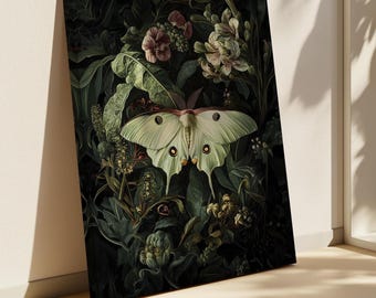 Luna Moth Botanical Wall Art – Dark Cottagecore Nature Canvas, Moth and Floral Gothic Aesthetic, Forest Insect Decor Print
