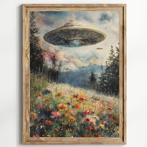 UFO Surreal Art Print,Wildflower Meadow, Eclectic Wall Art, Floral Cottagecore Landscape Funny Altered Art Print UFO Wall Alien Art Print image 2