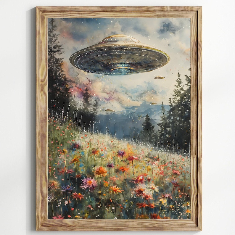 UFO Surreal Art Print,Wildflower Meadow, Eclectic Wall Art, Floral Cottagecore Landscape Funny Altered Art Print UFO Wall Alien Art Print image 2