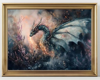 Elegant Fantasy Dragon Wall Art Print – Mystical Dragon Poster, Mythical Creature Painting, Dark Fantasy Home Decor