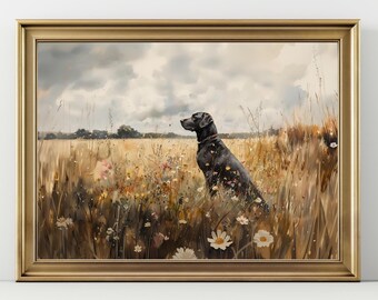 Black Labrador Meadow Print Country Dog Wall Art, Rustic Farm Landscape Painting, Fall Pet Lover Gift, Golden Field Home Decor