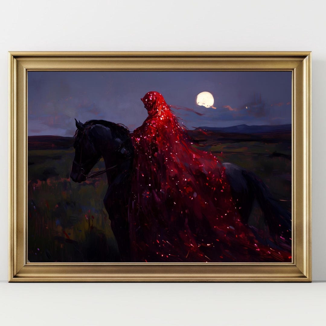 Dark Rider Red Cloak Black Horse Print, Gothic Fantasy Night Wall Art ...