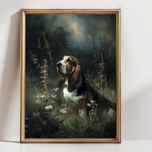 Basset Hound Wall Art, Dark Floral Dog Print, Moody Pet Portrait Poster bild 1