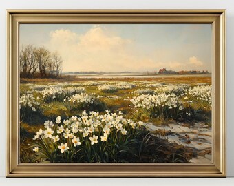 Spring Meadow Wall Art, Floral Daffodil Landscape Print, Cottagecore Nature Poster Forestcore Cottagecore