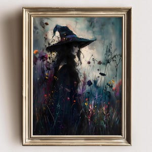 Dark moody Witch with wildflowers art print ethereal witch, floral witch, mystical art, Witchy home decor,  Goth Home Cottagecore painting
