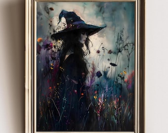 Dark moody Witch with wildflowers art print ethereal witch, floral witch, mystical art, Witchy home decor,  Goth Home Cottagecore painting