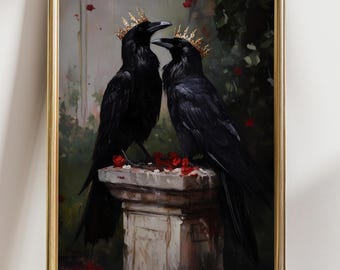 Royal Crows Wall Art, Gothic Raven Love Print, Dark Fantasy Bird Poster