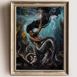 Mermaid Octopus Dark Academia Print - Deep Sea, Goth Moody Victorian Wall Art, Dark Decor Aesthetic, Dark Cottagecore, Gothic Prints