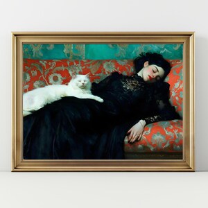 Gothic Woman White Cat Wall Art, Dark Aesthetic Portrait Print, Witchy Cat Lover Poster