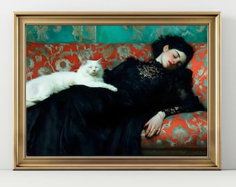 Gothic Woman White Cat Wall Art, Dark Aesthetic Portrait Print, Witchy Cat Lover Poster
