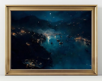 Mystical Night Harbor Wall Art – Moody Coastal Landscape Print – Starry Sky Painting – Dark Blue Seaside Artwork – Tranquil Dreamy Decor