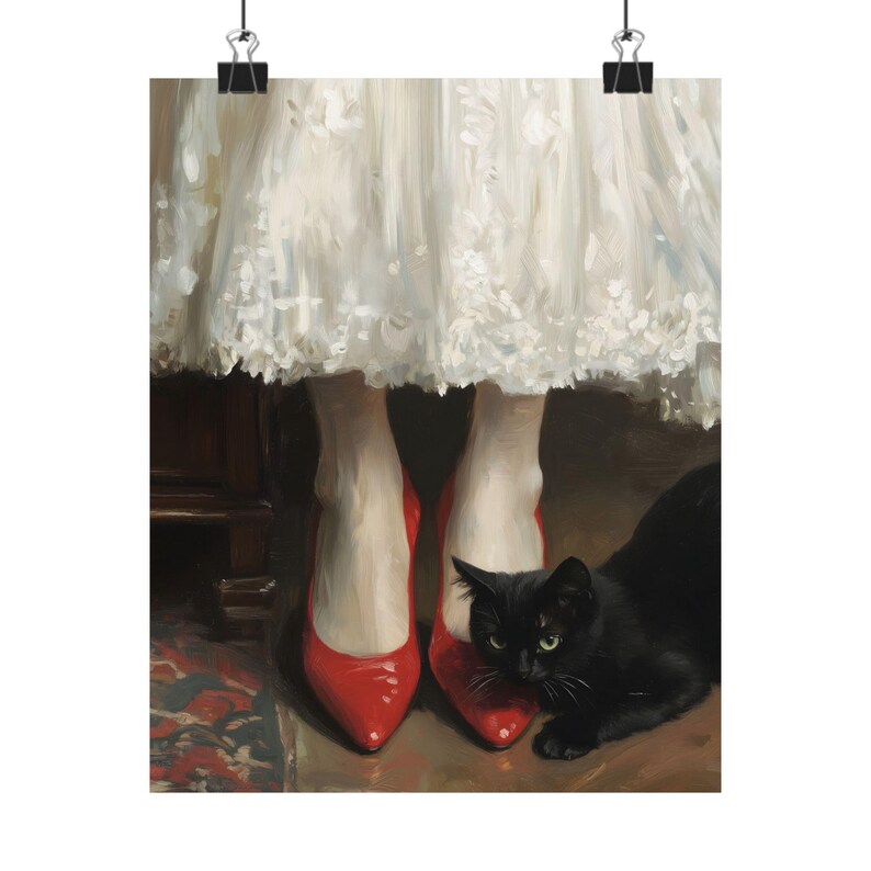 Black Cat and Red Heels Wall Art Print, Vintage Parisian Fashion Painting Elegant Woman Legs Artwork, Chic Decor, Stylish Cat Lover Wall Art afbeelding 5