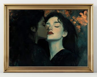 Dark Romantic Lesbian Kiss Night Print, Moody WLW Gothic Wall Art, Dark Feminine Love Decor, Queer Romance Poster