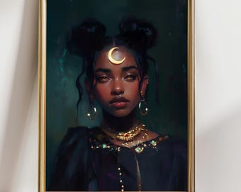 May include: A framed portrait of a woman with dark skin, dark hair styled in two buns, and gold jewelry. She wears a crescent moon headpiece and gold hoop earrings. The woman is dressed in a black top with gold and turquoise accents.