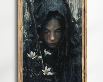 Dark Gothic Woman Art Print, Hooded Witch Portrait Painting, Mystical Fantasy Wall Decor, Moody Dark Academia Artwork