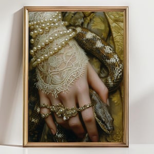Snake Victorian Art altered Print moody Painting, vintage woman Print, victorian decor wall art, dark moody antique art Print, lace, Pearls