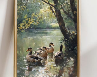 Vintage Duck Pond Landscape Wall Art, Impressionist Lake Painting Print, Rustic Cottagecore Nature Decor, Serene River Ducks Artwork