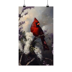 Red Cardinal Wall Art, Bird Painting Print, Spring Floral Nature Decor image 8