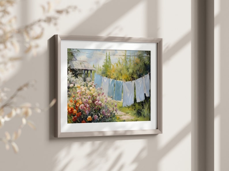 Laundry on a line Matte Horizontal Posters Laundry Room Art Vintage Cottagecore Garden Painting Print farmhouse wall decor country art print image 2