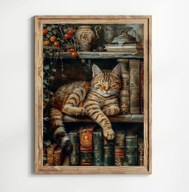 Bookish Cat Dark Academia Decor Moody Bookish Wall Art Stack Books ...