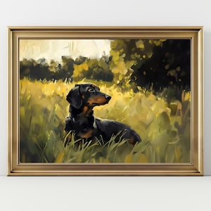 Dachshund Dog Wall Art Print, Black and Tan Wiener Dog Painting, Cute Sausage Dog Portrait, Rustic Dog Lover Decor, Dachshund Pet Memorial