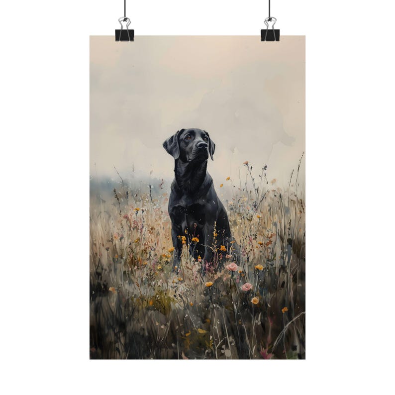 Black Labrador Art Moody Wildflower hunting dog Print Vintage Wildflower Painting Black Labrador Dog Wall Art Print Floral Cottagecore image 5